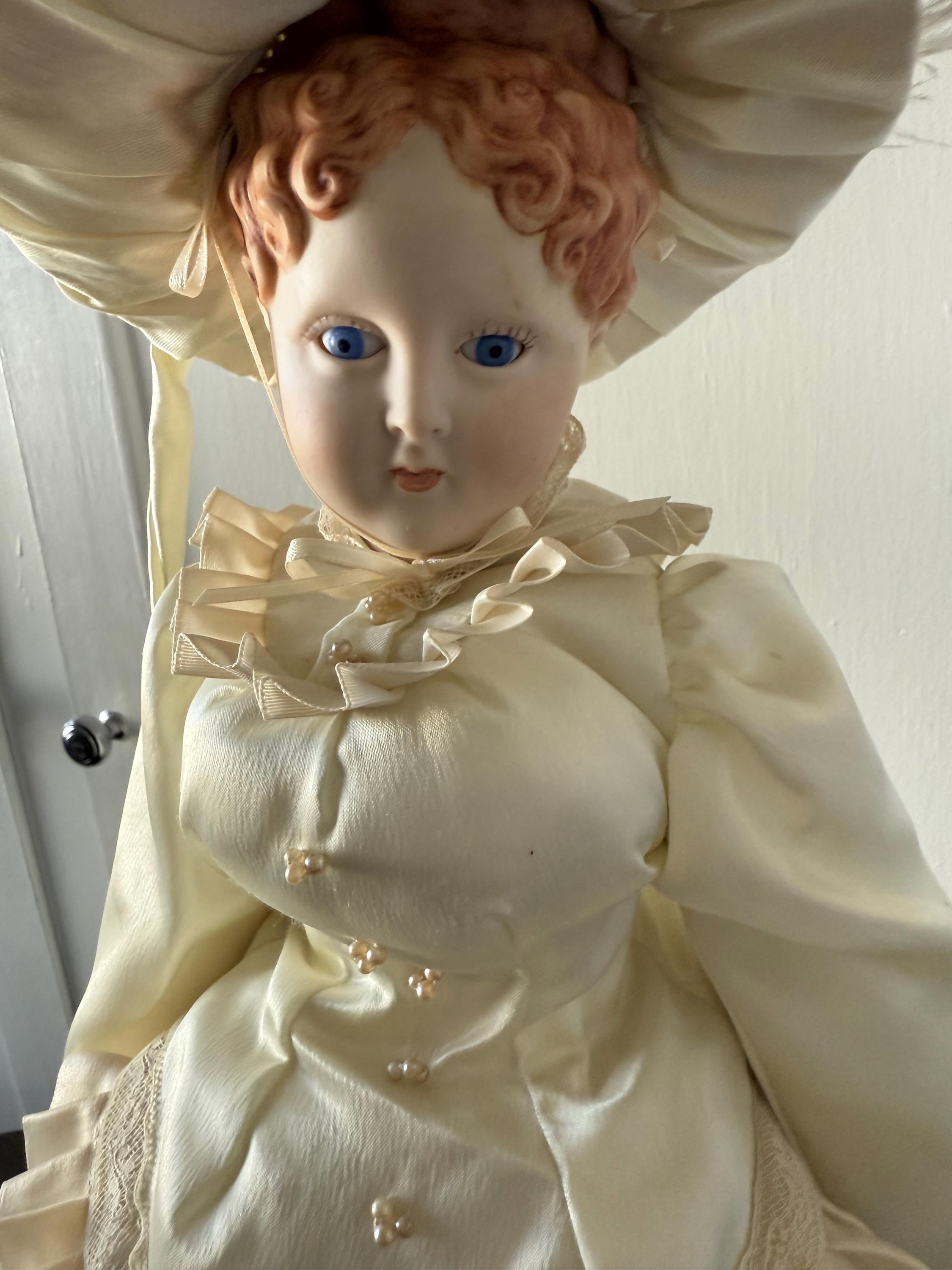 Antique 20" German Parian China Head doll Reproduction with Handmade Satin Off White Lace Dress Blue Glass Eyes