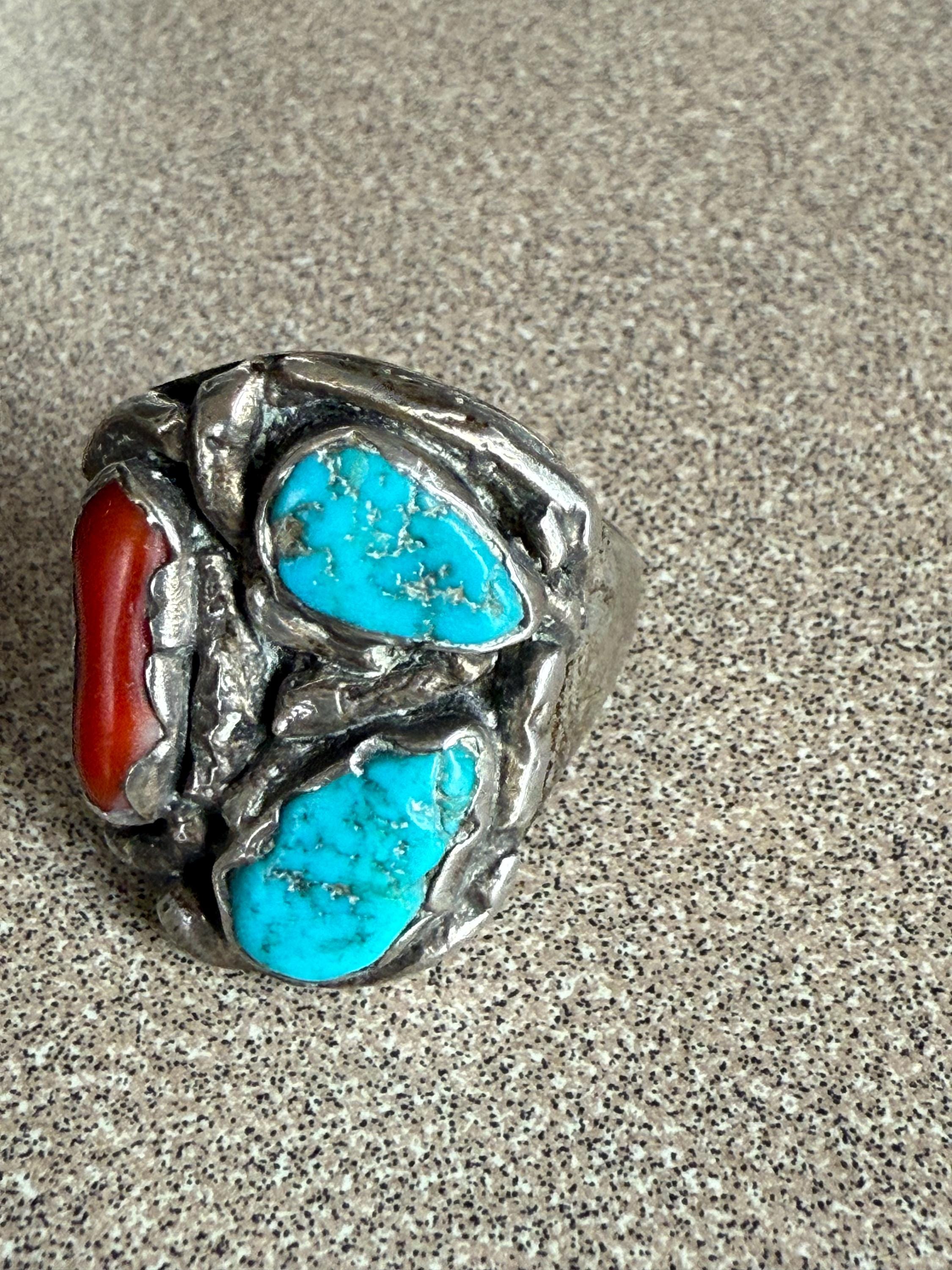 Vintage Mens or Ladies Large Native American Turquoise and Coral Sterling Ring Size 12
