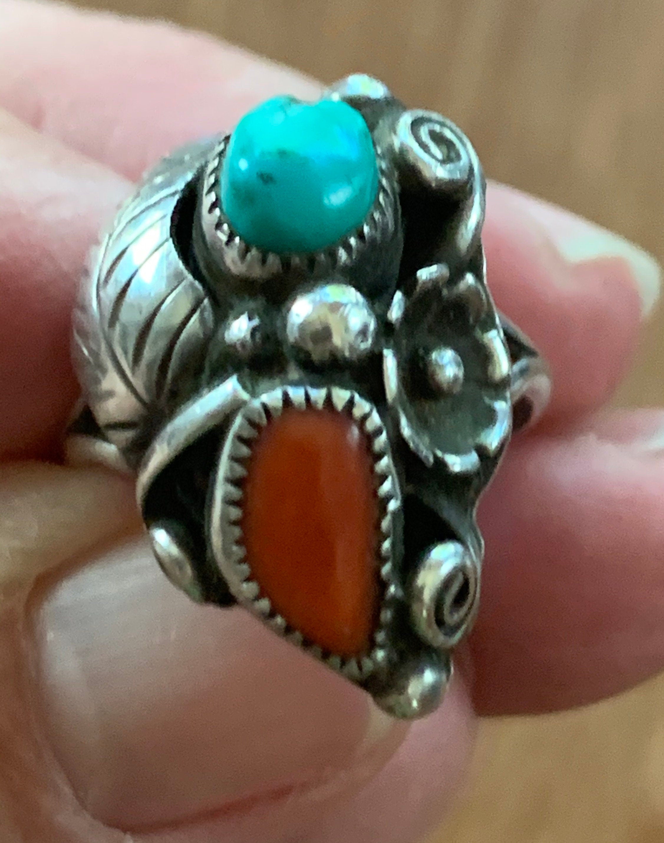 Vintage Artist signed Native American Turquoise and Coral Sterling Ring Size 7