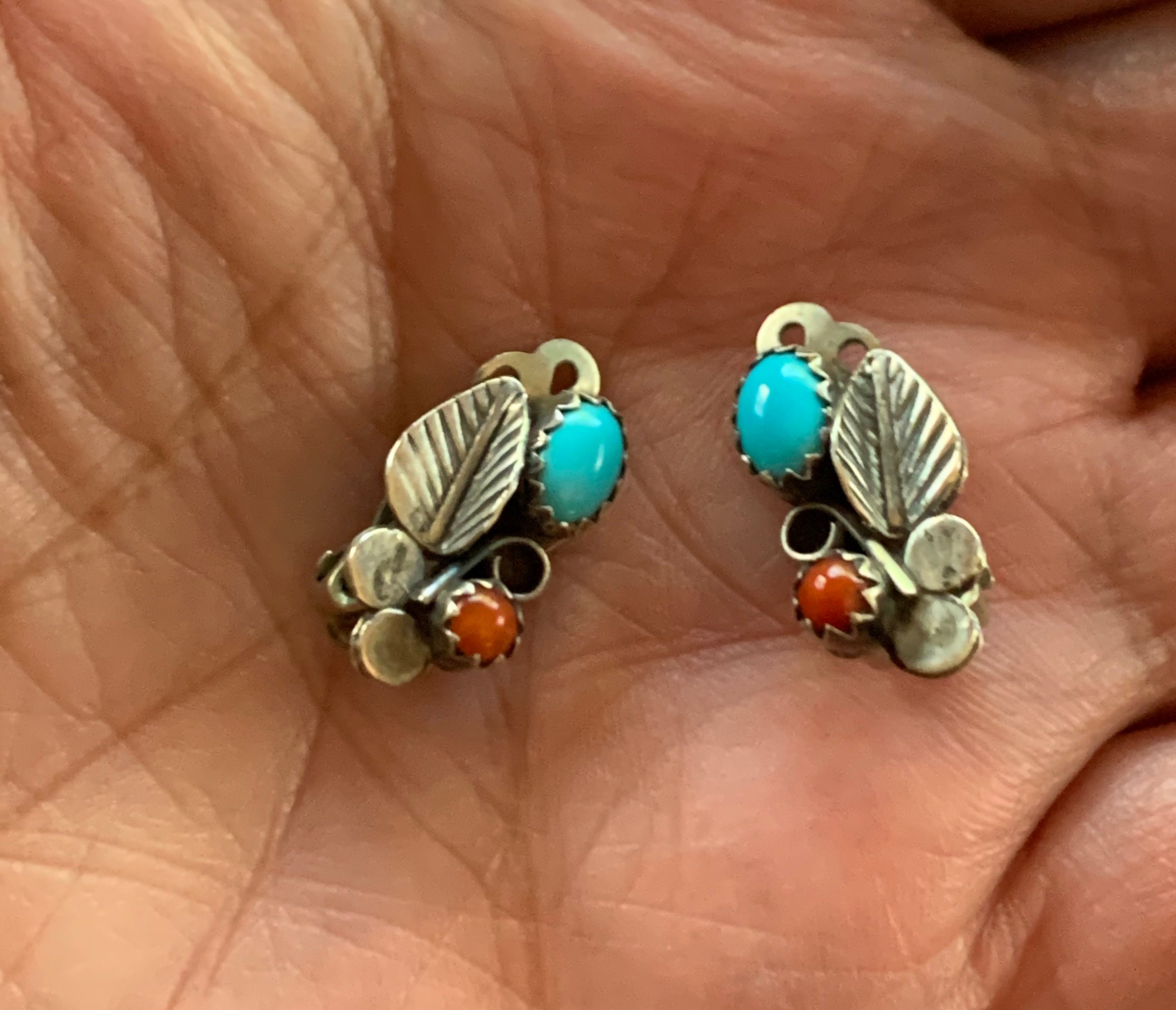 Beautiful Petite Native American Sterling Silver Turquoise Clip Earrings