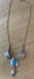 Artist Signed Native American Sterling Silver Turquoise Necklace with Feathers