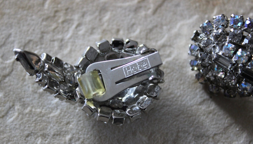 Stunning Antique Clear Rhinestone Signed Hobe Clip Earrings