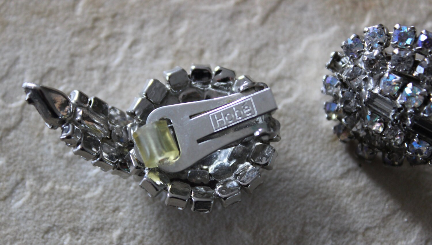 Stunning Antique Clear Rhinestone Signed Hobe Clip Earrings