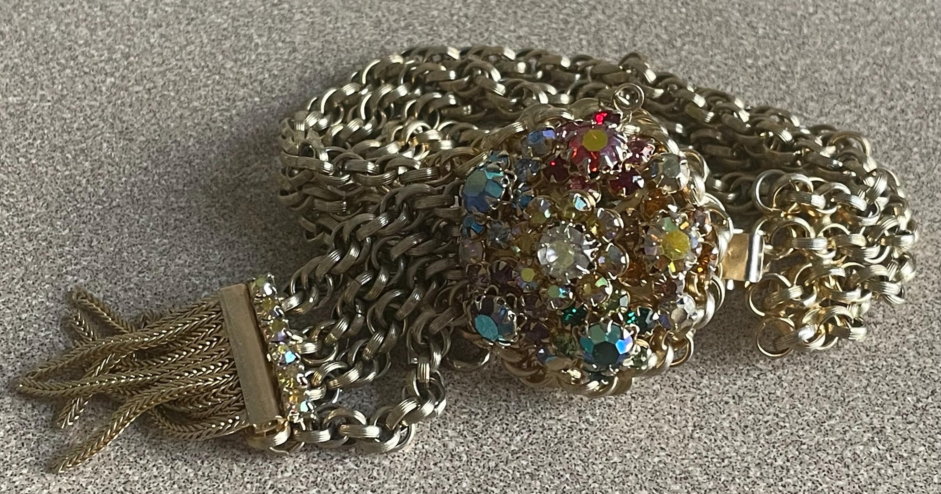 Stunning Rare Vintage Schiaparelli Bracelet Scarf Clip and Earrings Set With Aurora Borealis Stones Watermelon Colors