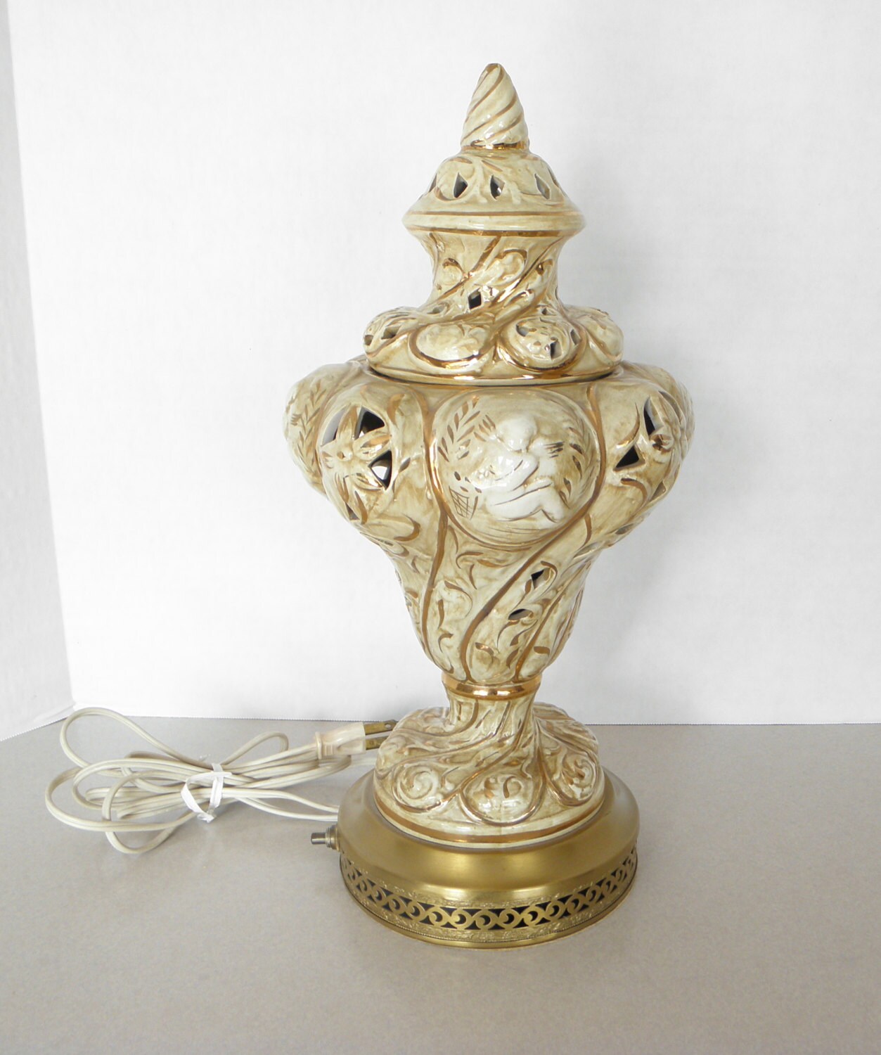 Unique Antique Green & Gold Capodimonte Art Nouveau Ceramic Jar lamp w Cherubs
