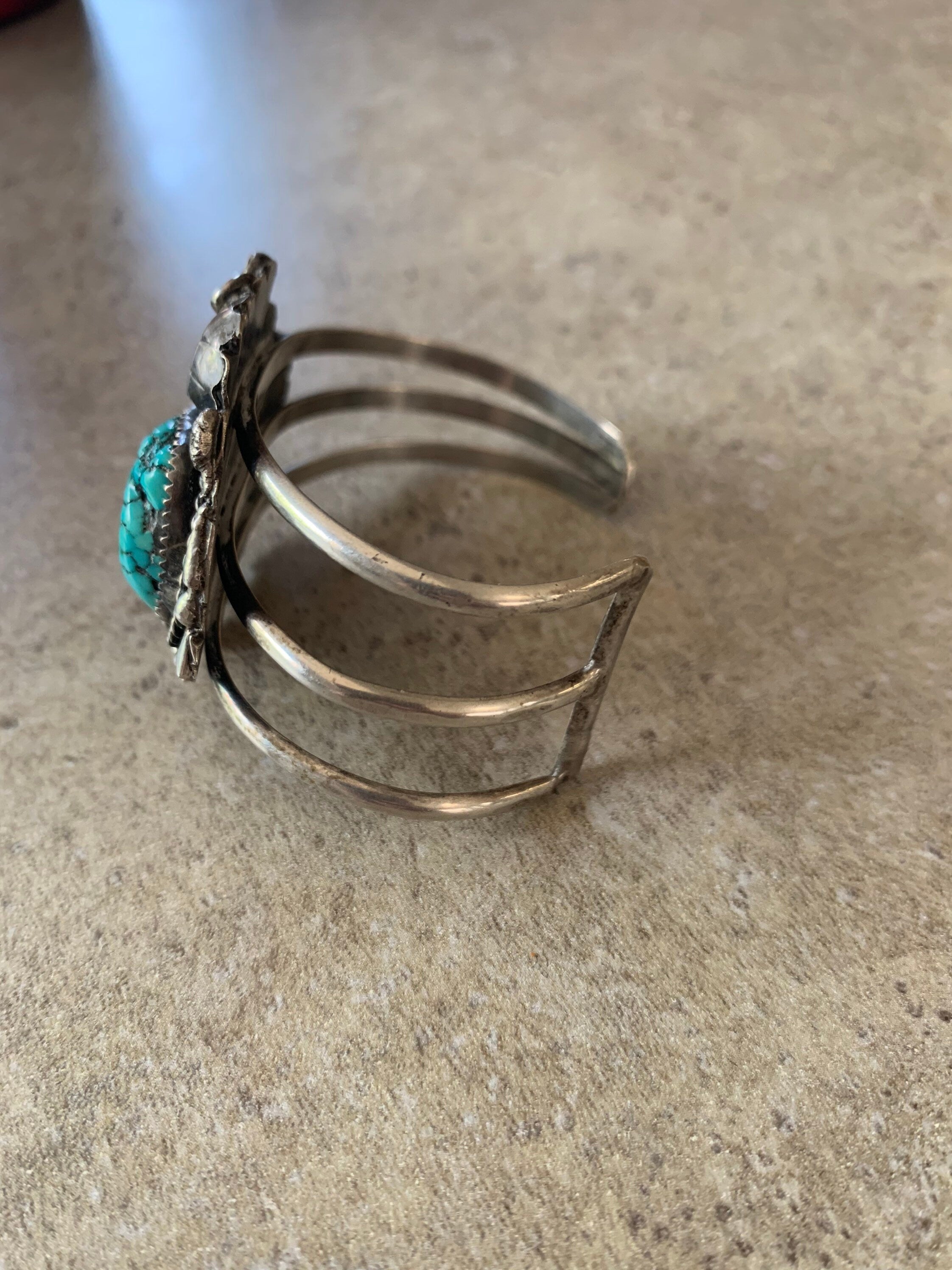 Large Sterling Silver Old Pawn Blue Green Coral & Turquoise Navajo Cuff Bracelet