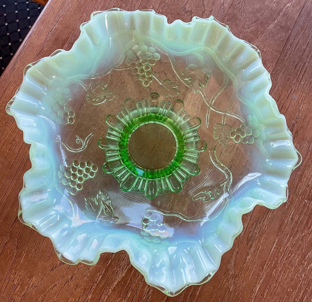 Beautiful Green Opalescent Glass Grape Pattern Footed Candy Dish