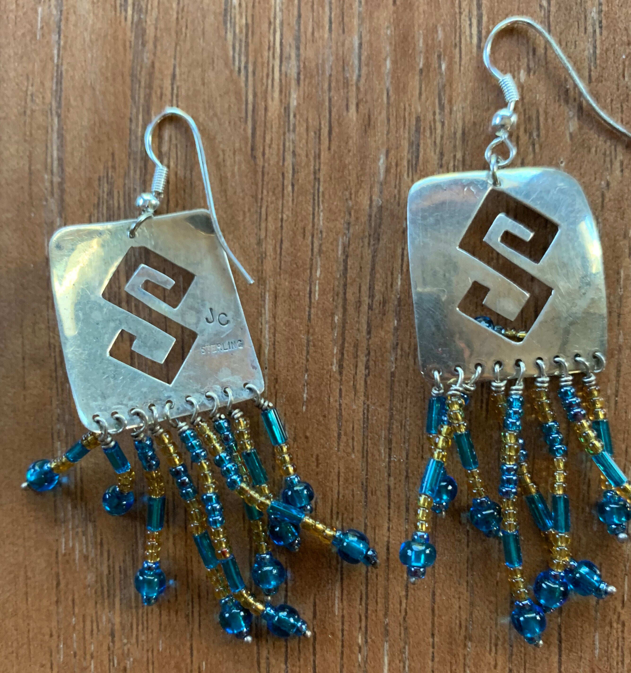 Unique Native American Sterling Silver Beaded Dangle Earrings Signed JC