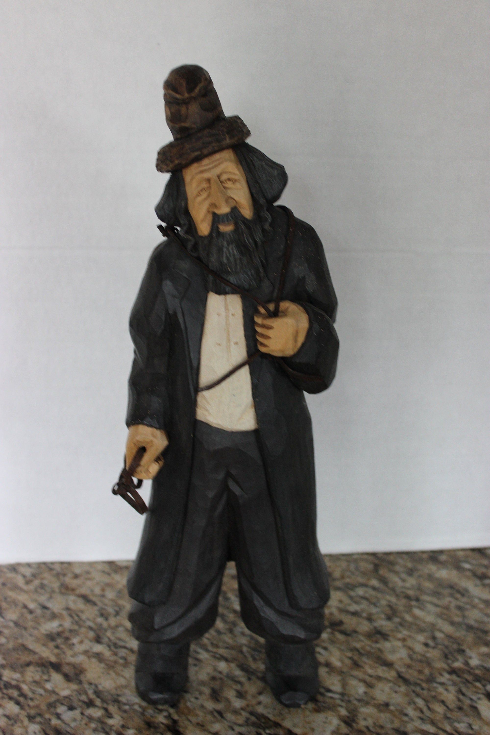 Unique Artist Signed Carved Wood Bearded Man Signed Krakow 1994
