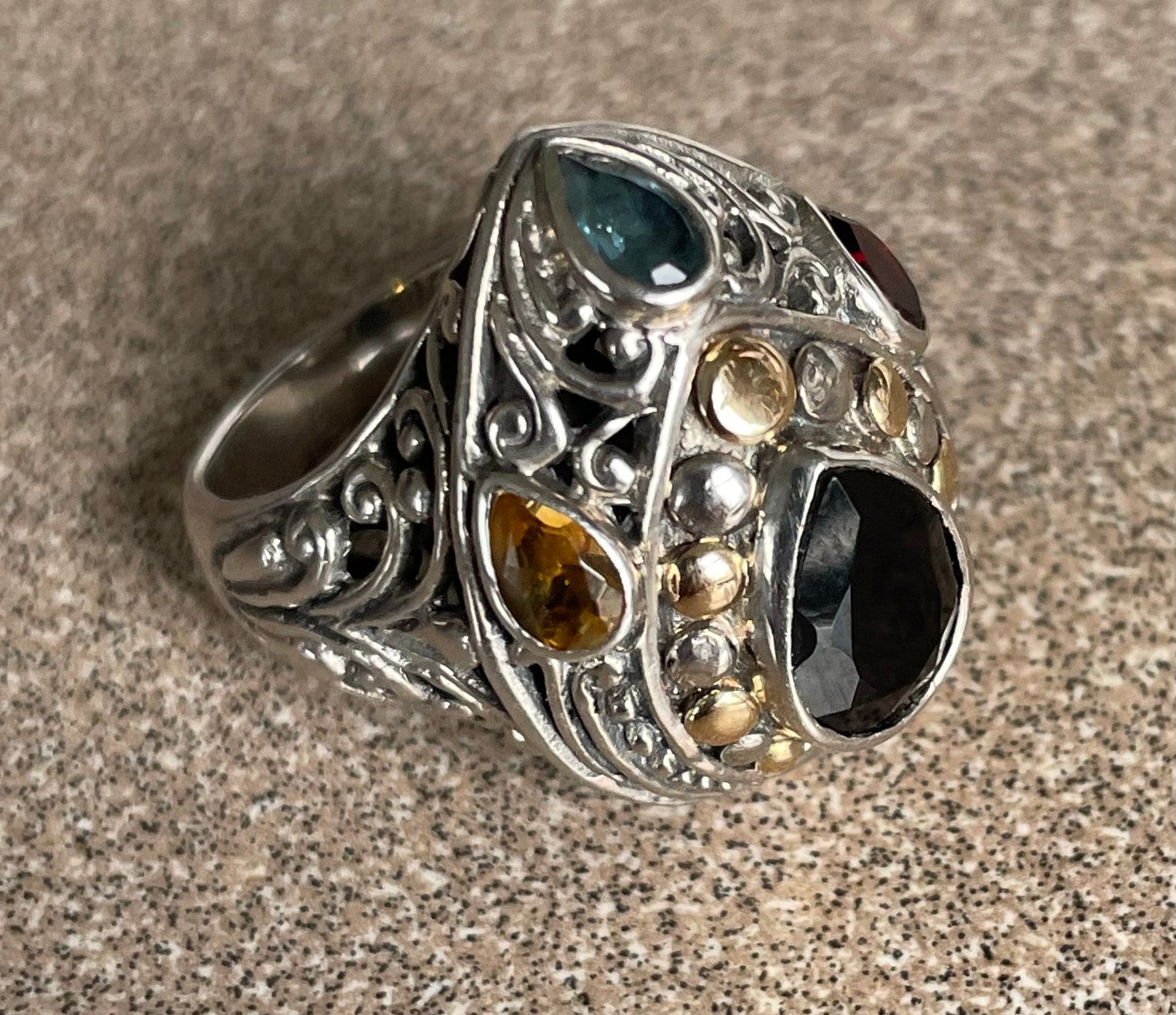 Stunning Vintage Bali Estate Multi Stone Stamped "M" For Robert Manse Sterling Silver 18k Gold Ring Size 6 Onyx Aquamarine Citrine Garnet