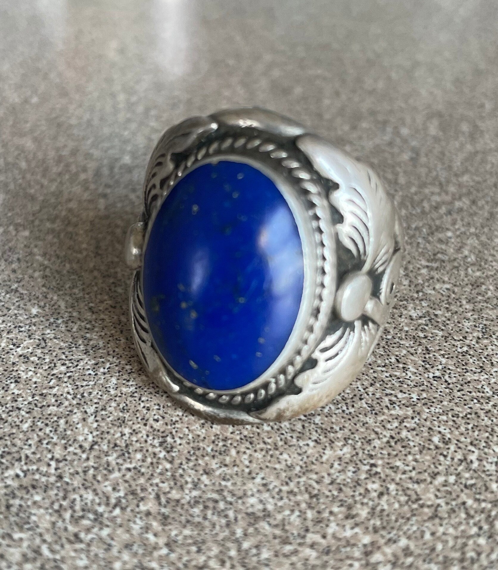Native American Artist Signed Vintage Sterling Silver and Blue Lapis Ring Size 9