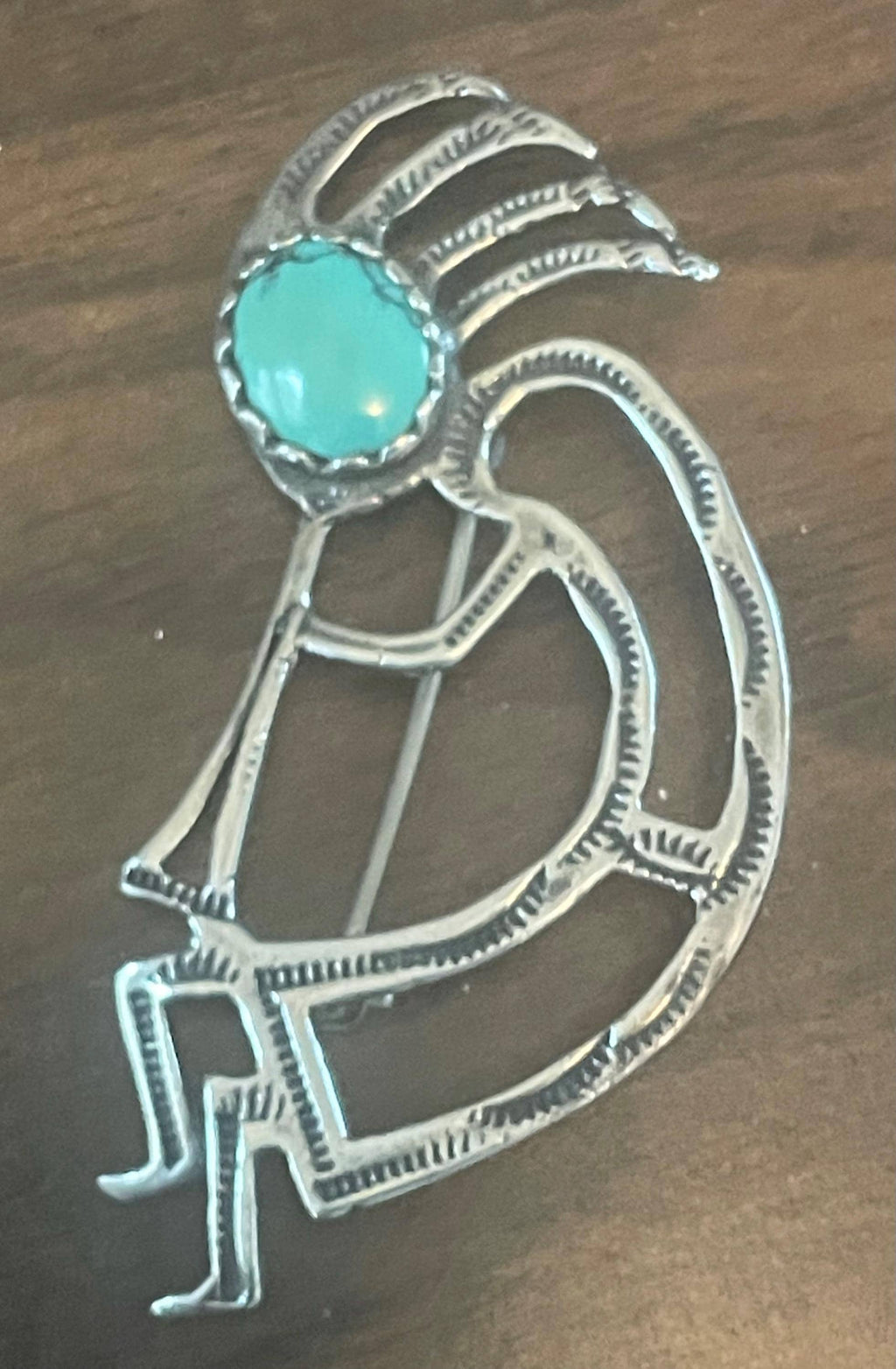 Artist Signed Vintage Native American Hopi Kokopelli Dancer Sterling Silver Turquoise Brooch Pin