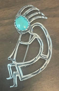 Artist Signed Vintage Native American Hopi Kokopelli Dancer Sterling Silver Turquoise Brooch Pin