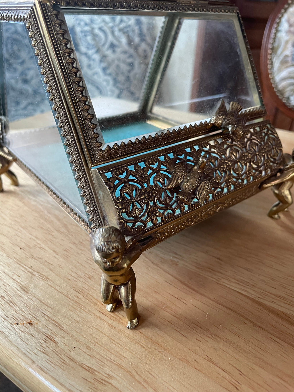 Beautiful Ornate Gold Gilt Ormolu Vanity Casket Jewelry Box w Cherubs and Birds