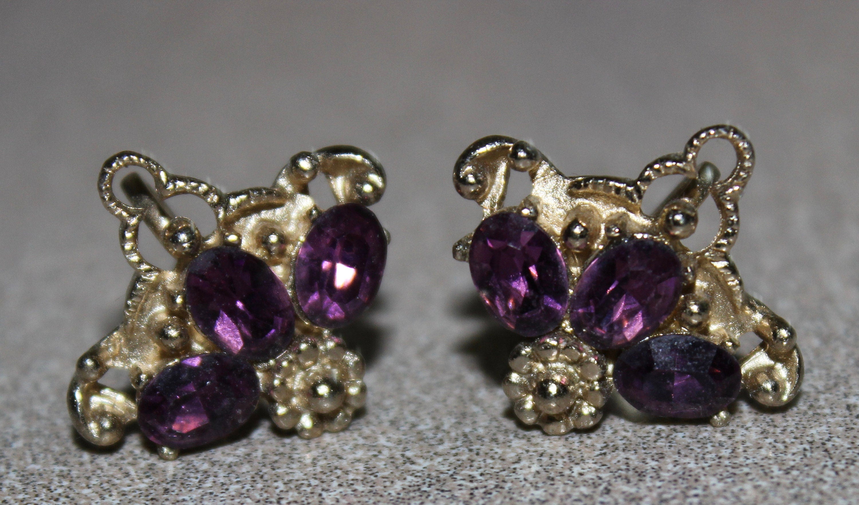Stunning Purple Amethyst Rhinestone Signed Coro Crown Screw back Earrings
