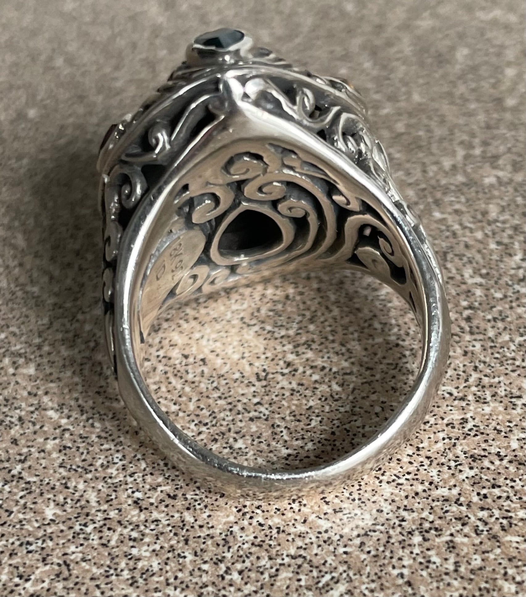 Stunning Vintage Bali Estate Multi Stone Stamped "M" For Robert Manse Sterling Silver 18k Gold Ring Size 6 Onyx Aquamarine Citrine Garnet