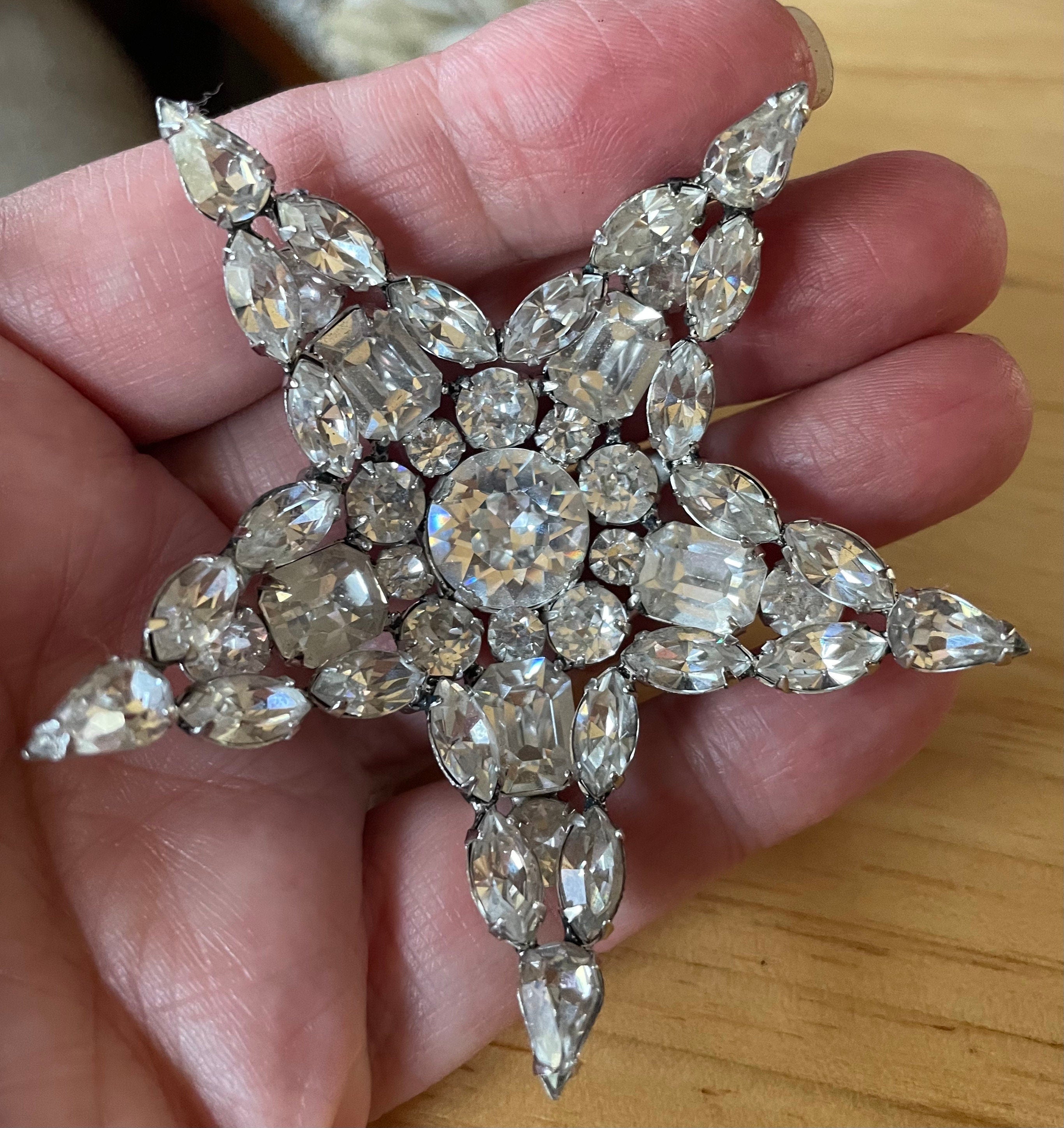 Huge Signed Kramer Rhinestone Domed Star Brooch Pin and Starburst Clip Earrings