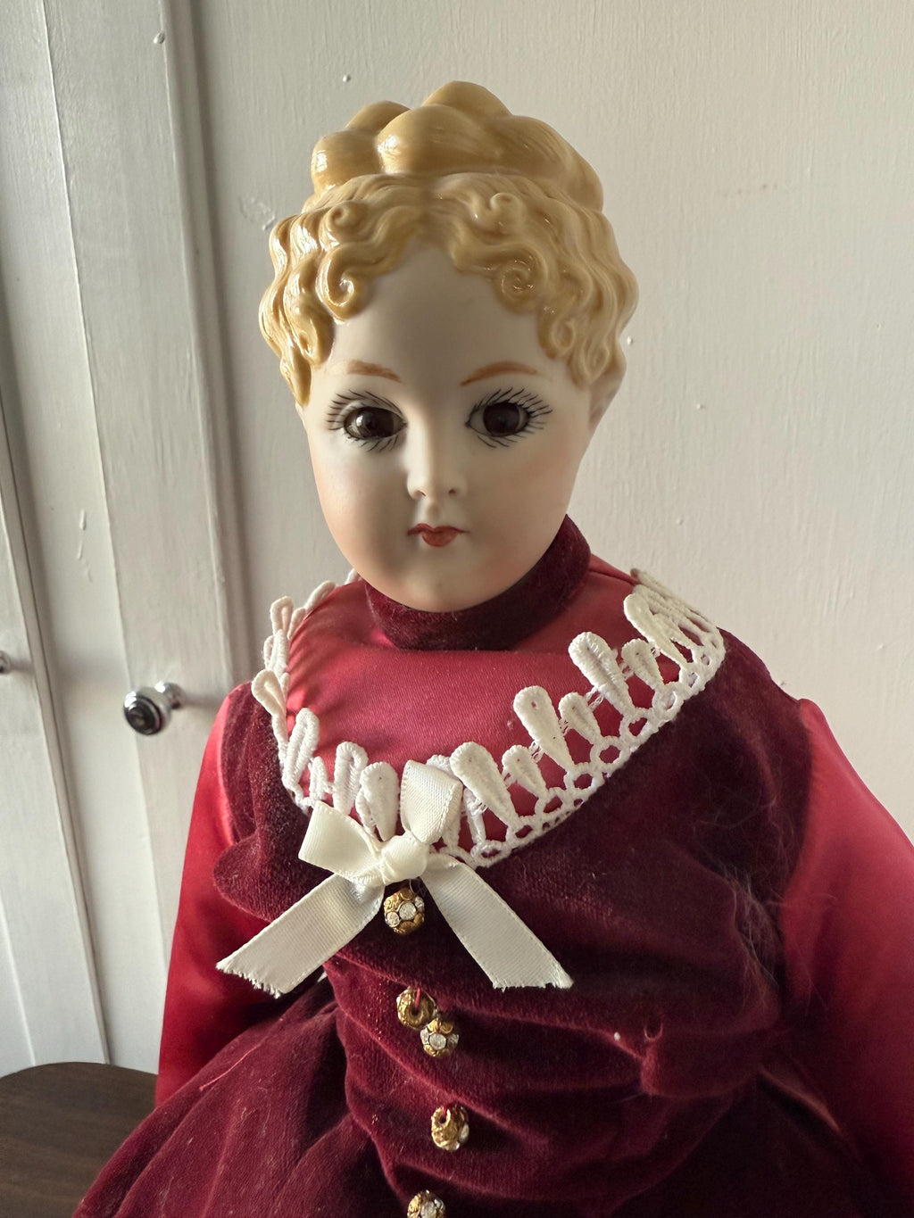 Antique 21" German Parian China Head doll Reproduction with Handmade Ruby Velvet and  Lace Dress Brown Glass Eyes