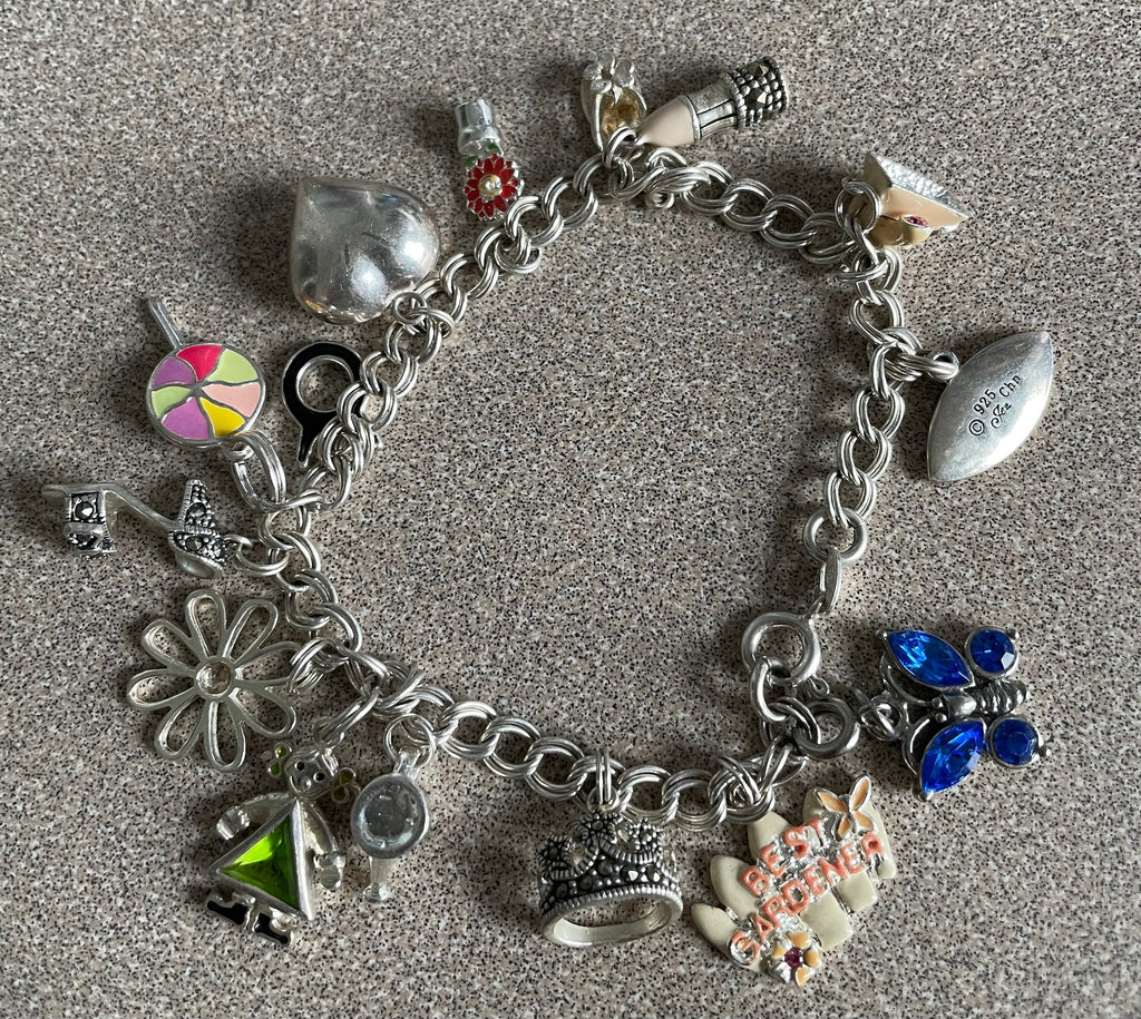 Vintage Sterling Silver Charm Bracelet with 15 Charms Enamel Precious Stones Rhinestones Marked 925