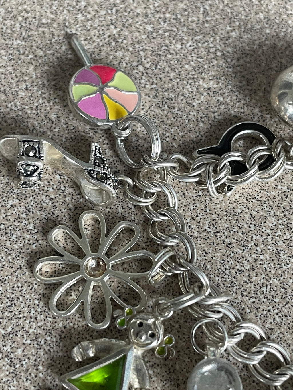 Vintage Sterling Silver Charm Bracelet with 15 Charms Enamel Precious Stones Rhinestones Marked 925