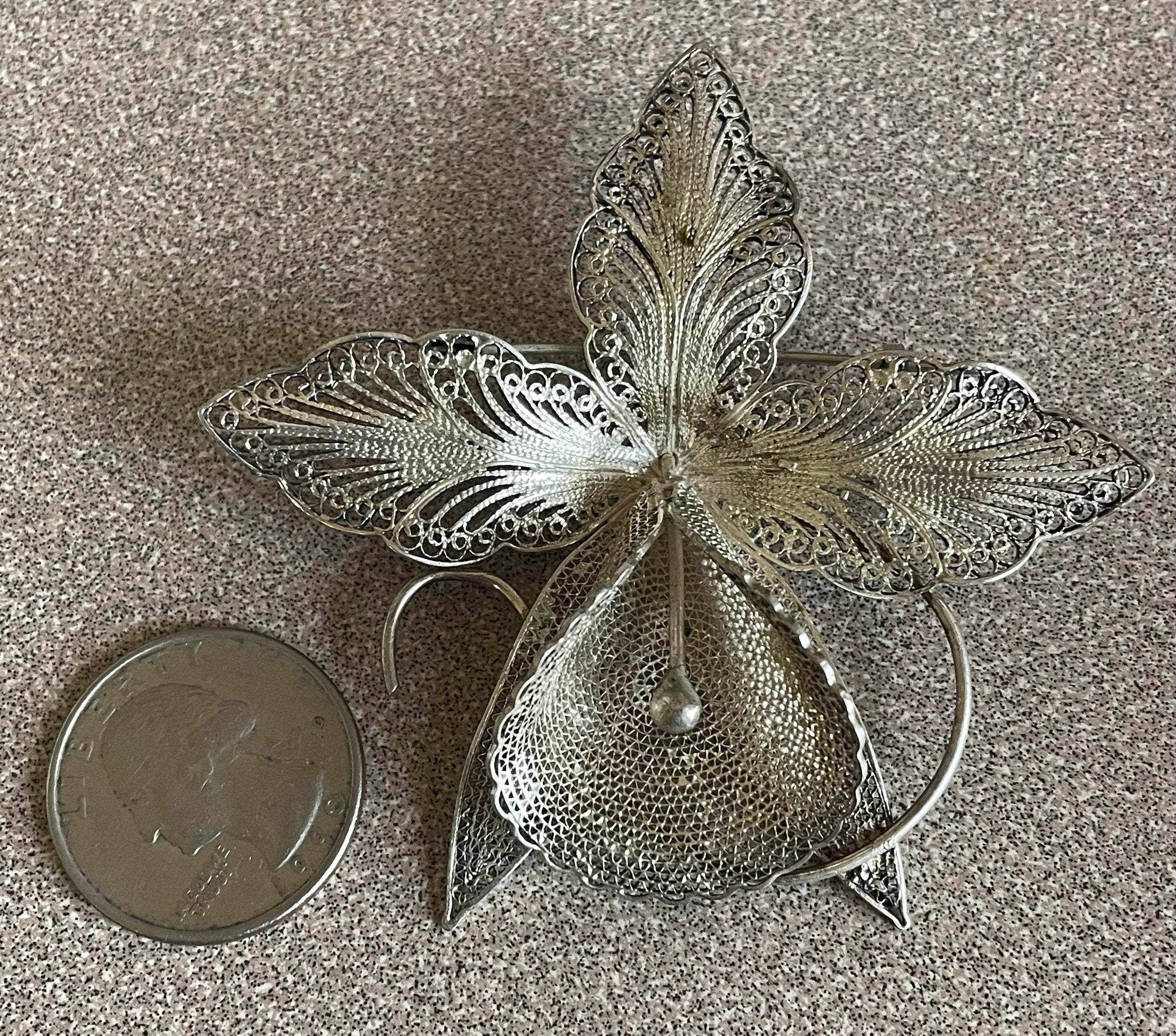 Large Antique Vintage Sterling Silver Filagree Orchid Brooch Pin Marked 925 Stunning Statement Piece