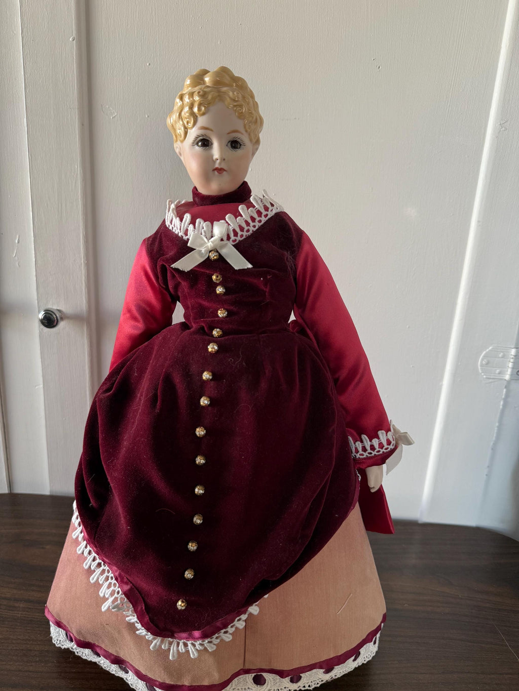 Antique 21" German Parian China Head doll Reproduction with Handmade Ruby Velvet and  Lace Dress Brown Glass Eyes