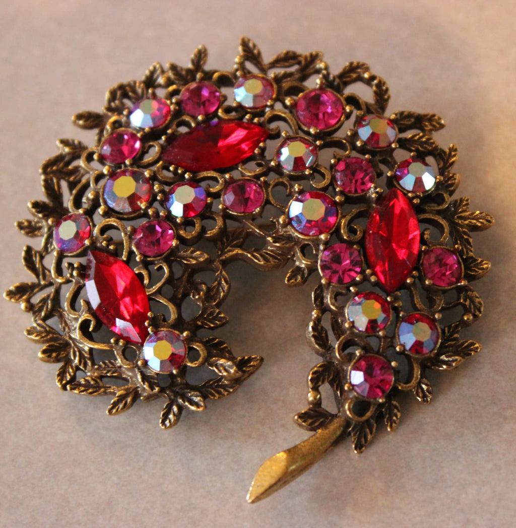 Large Vintage Signed Emmons Red Rhinestone Brooch Pin Great Gift for Her