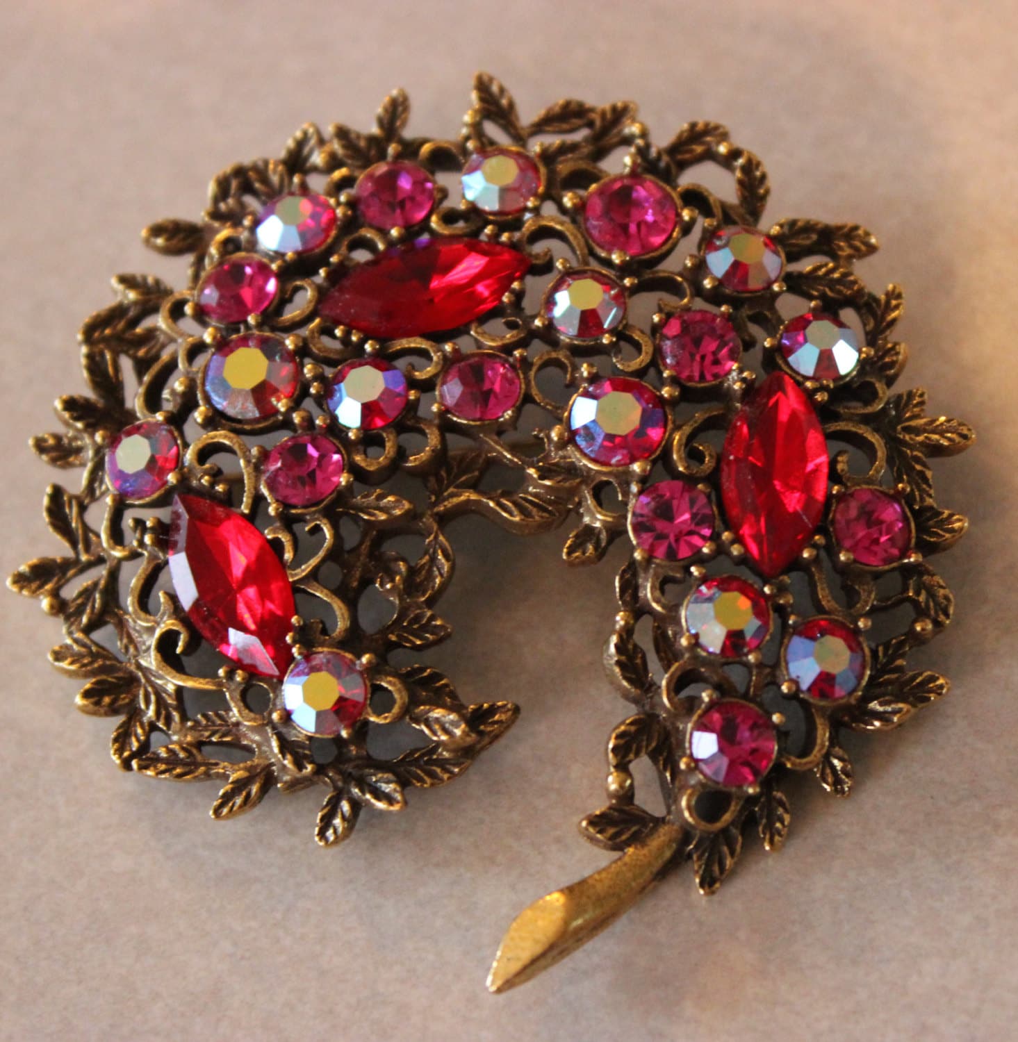 Large Vintage Signed Emmons Red Rhinestone Brooch Pin Great Gift for Her