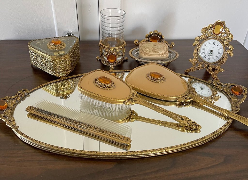 Beautiful Antique Victorian Ormolu Vanity Set Tray Comb Brush Jewelry Box Clock Soap Dish Glass and Holder Amber Rhinestones 8 Pieces