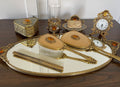Beautiful Antique Victorian Ormolu Vanity Set Tray Comb Brush Jewelry Box Clock Soap Dish Glass and Holder Amber Rhinestones 8 Pieces