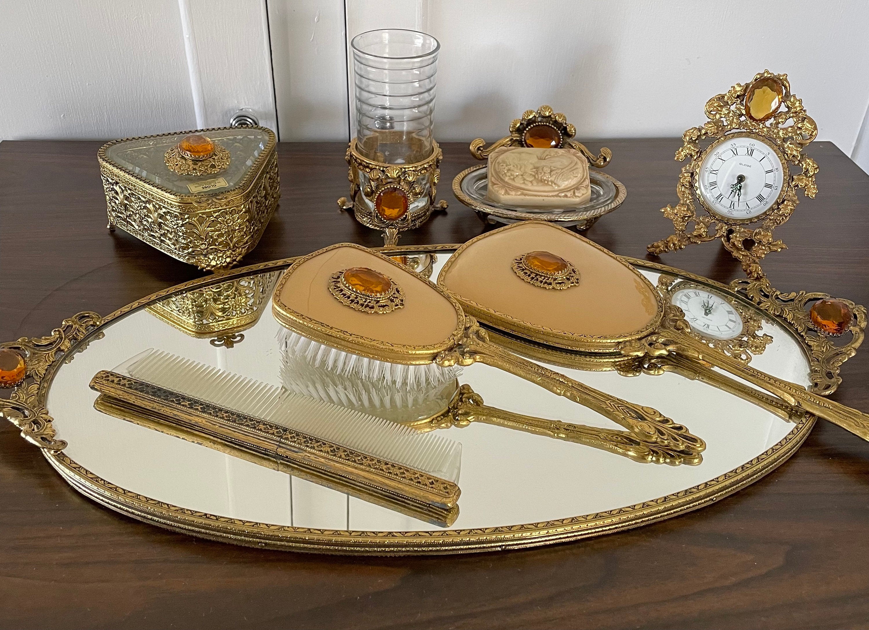 Beautiful Antique Victorian Ormolu Vanity Set Tray Comb Brush Jewelry Box Clock Soap Dish Glass and Holder Amber Rhinestones 8 Pieces