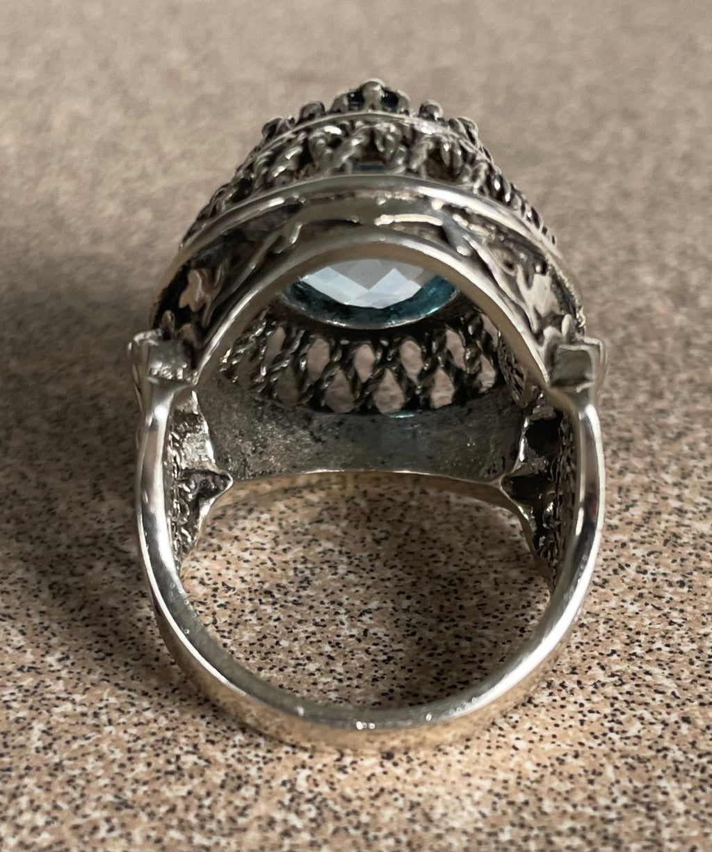 Beautiful Ladies High Setting Turkish Sterling Silver Aquamarine/Blue Topaz  Filigree Ring Size 6