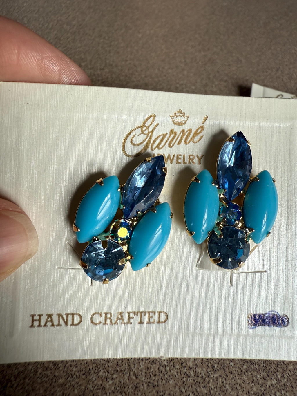 Large Vintage Blue Rhinestone Garne Jewelry Hand Crafted Brooch Pin and Clip Earrings