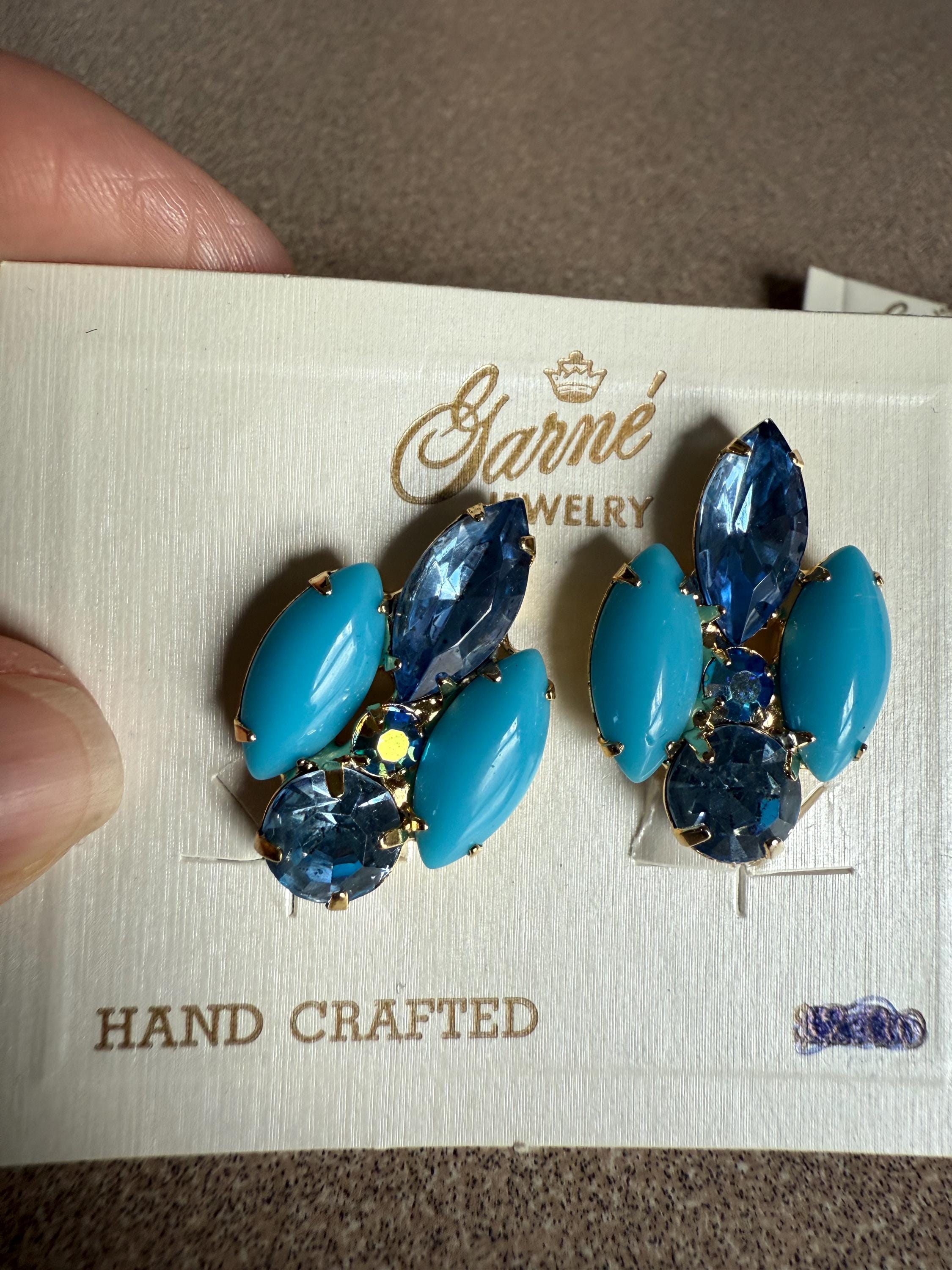 Large Vintage Blue Rhinestone Garne Jewelry Hand Crafted Brooch Pin and Clip Earrings