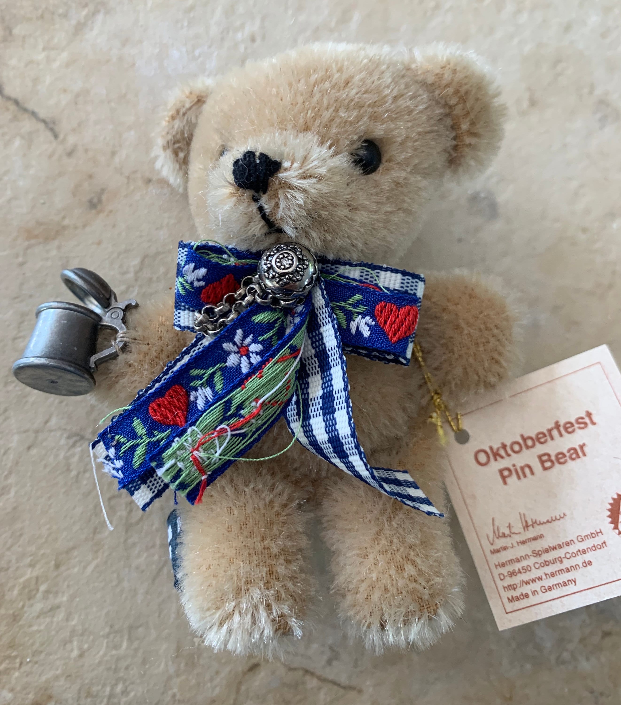 Cute Miniature Vintage Hermann Mohair Octoberfest Teddy Bear Pin Great Holiday Gift