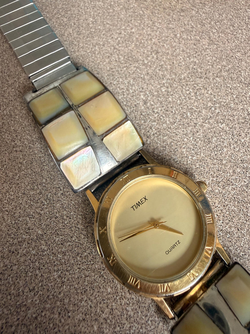 Vintage Artist Stamped BR Native American Sterling Silver Mother of Pearl Watch Band with Vintage Timex Watch