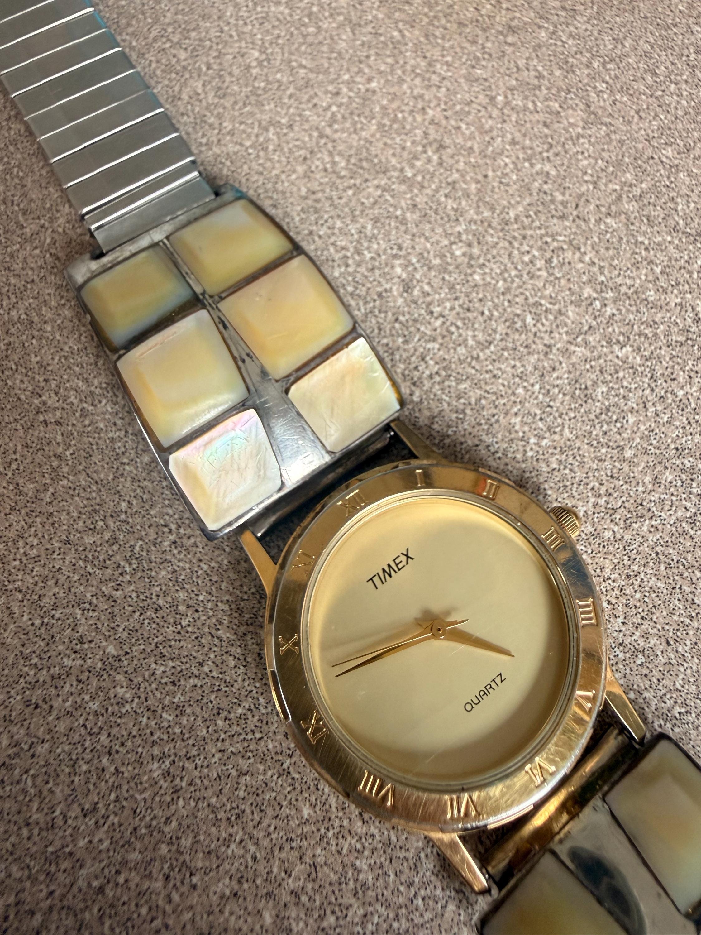 Vintage Artist Stamped BR Native American Sterling Silver Mother of Pearl Watch Band with Vintage Timex Watch
