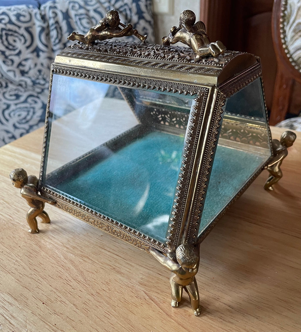 Beautiful Ornate Gold Gilt Ormolu Vanity Casket Jewelry Box w Cherubs and Birds
