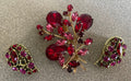 Large Vintage Red and Pink Rhinestone  Brooch Pin and Clip Earrings