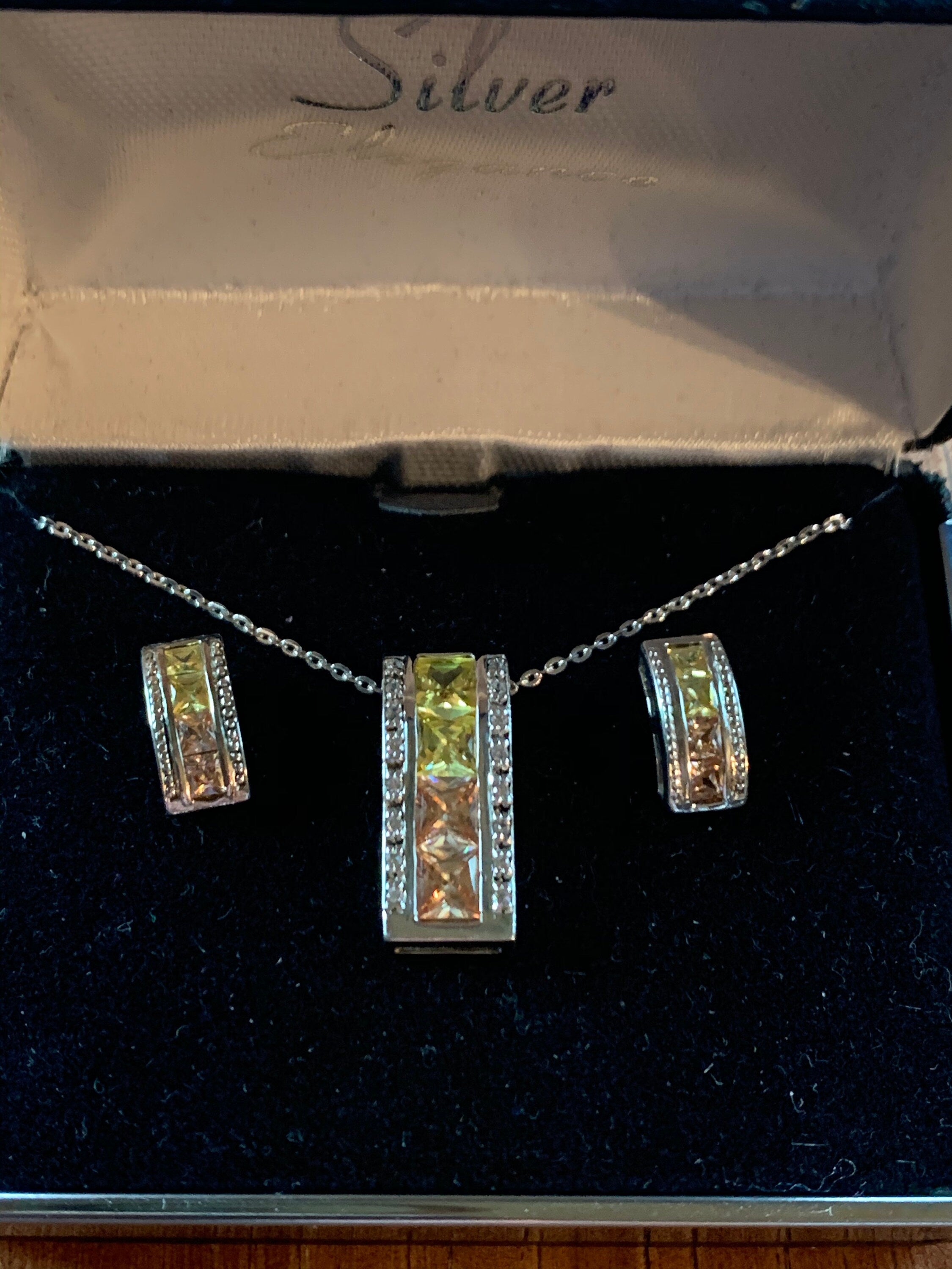 Stunning Citrine Zircon Diamond and Sterling Silver Necklace and Earrings Set