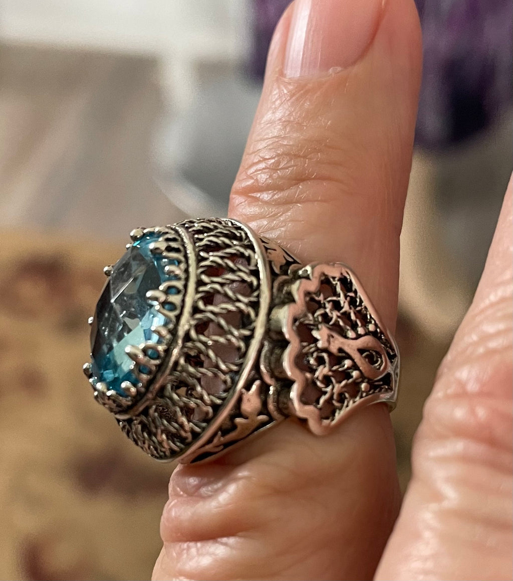 Beautiful Ladies High Setting Turkish Sterling Silver Aquamarine/Blue Topaz  Filigree Ring Size 6