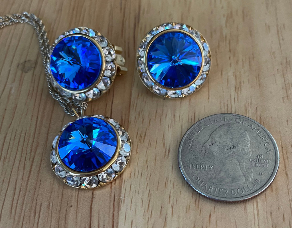 Stunning Rhinestone Rivoli Vintage Dark Blue Necklace  and Clip Earrings Set
