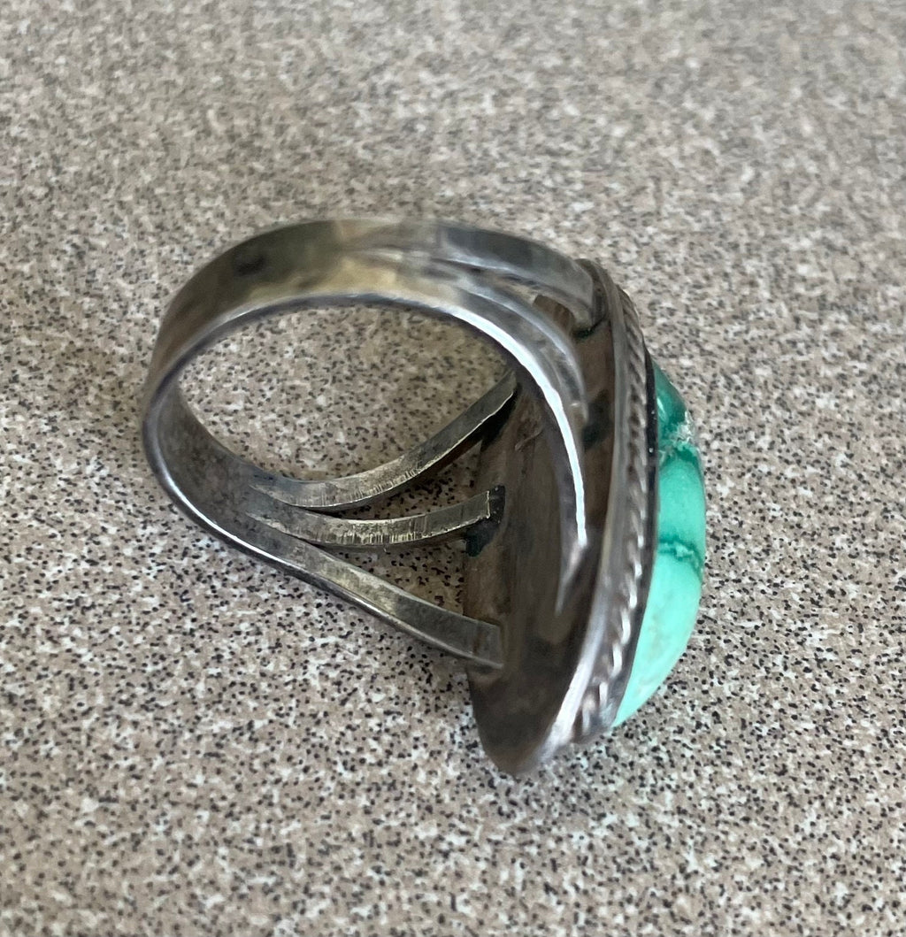 Vintage Artist Signed "H" Native American Blue Green Turquoise Sterling Silver Ring Size 6