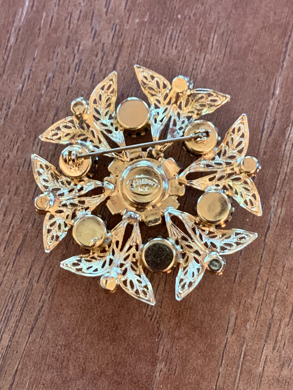 Beautiful Gold Black and White Rhinestone Brooch Pin Signed Celebrity NY