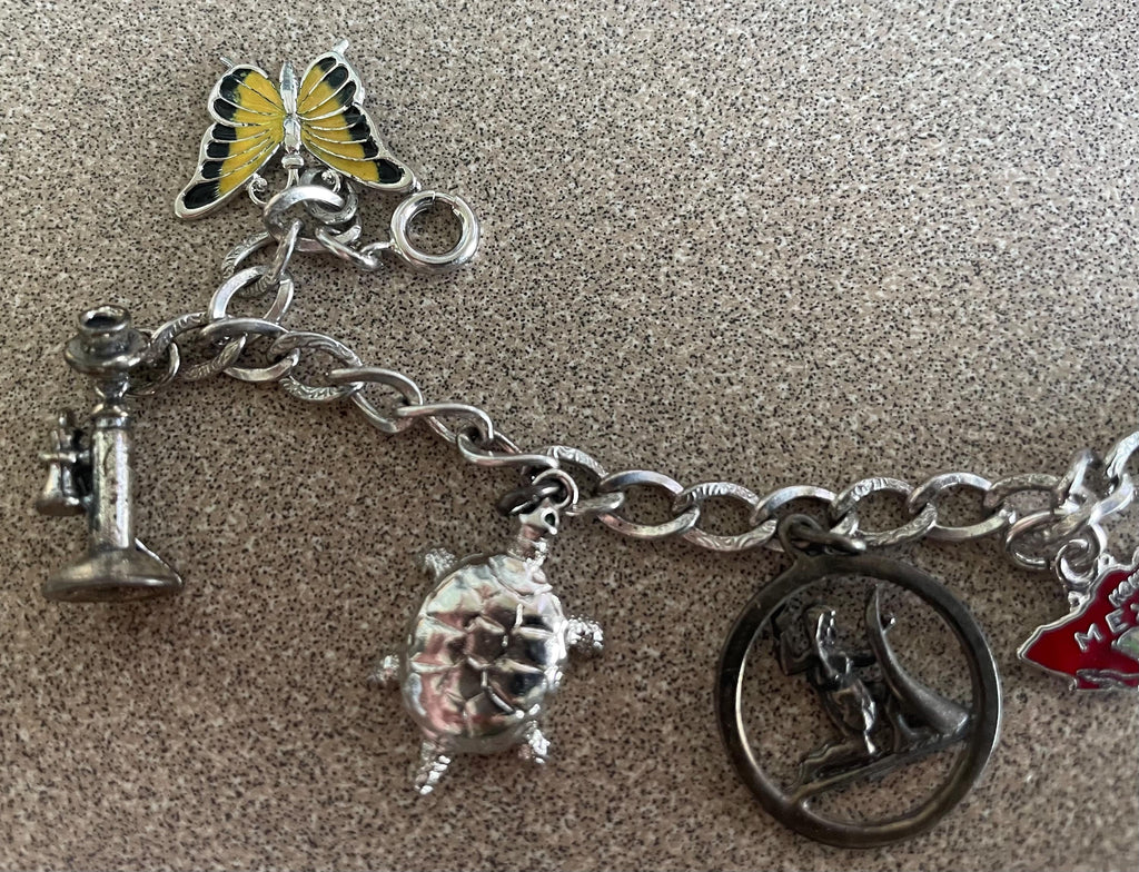 Vintage Sterling Silver Charm Bracelet with 7 Charms Enamel Marked Sterling Vintage Camper Phone Butterfly Turtle Artist Signed