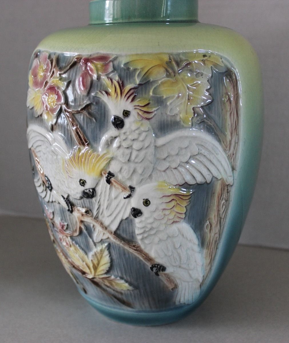 Rare Vintage Antique Large Bird Cockatoo Parrot & Dogwood Majolica Vase 2 Sided
