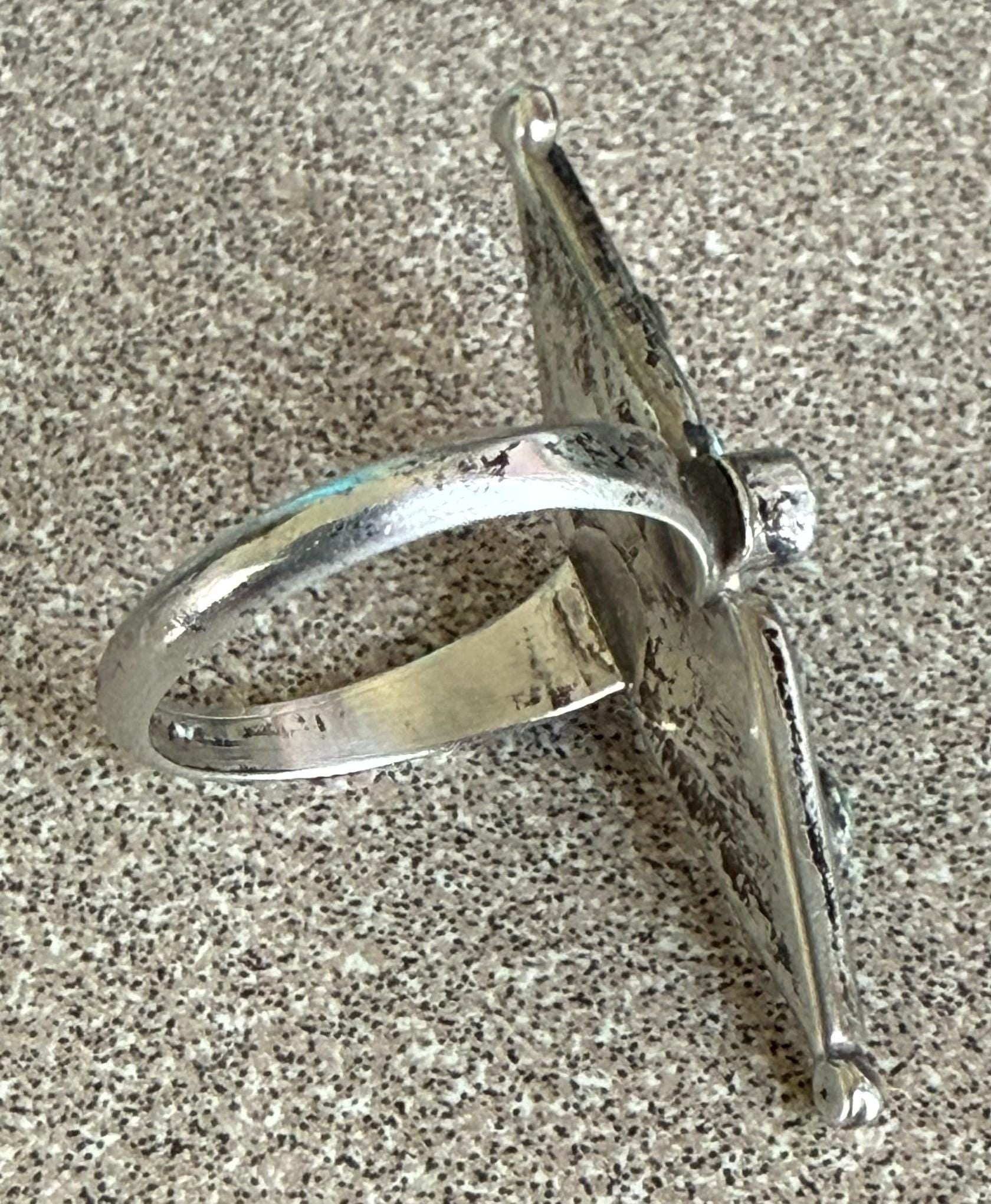 Vintage Authentic Native American Blue Green Turquoise Sterling Silver Snake Eyes Ring Size 6