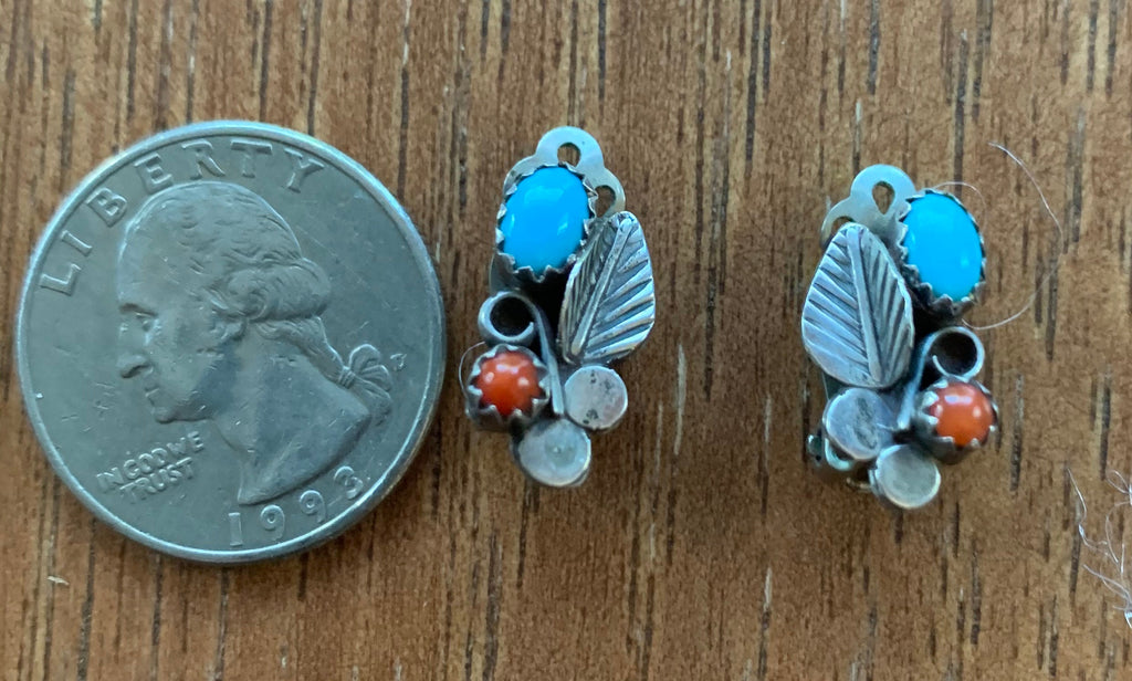 Beautiful Petite Native American Sterling Silver Turquoise Clip Earrings