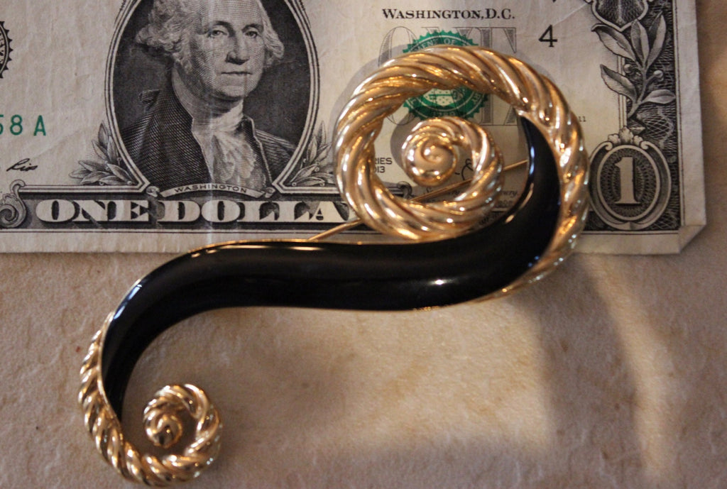 Vintage Huge 3 1/2" Signed Trifari Crown Swirl Black Enamel Brooch Pin
