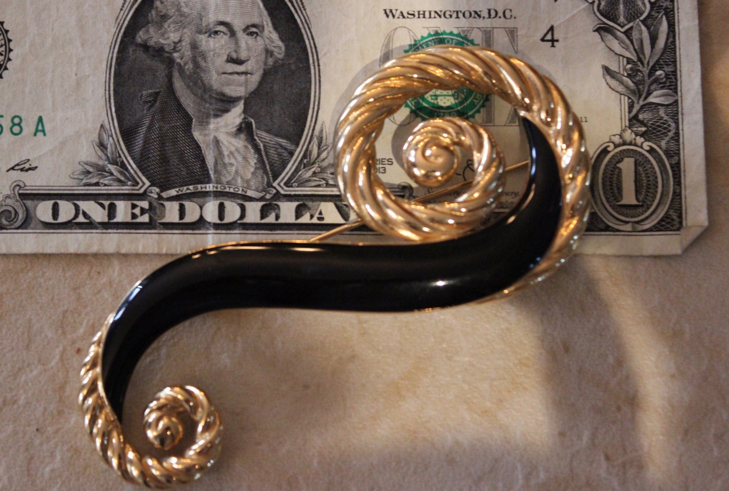 Vintage Huge 3 1/2" Signed Trifari Crown Swirl Black Enamel Brooch Pin
